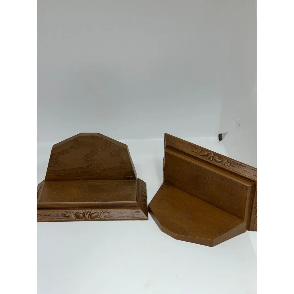 VTG Syroco Faux Wood Wall Sconces Brown Acorn Leaf Carved Floating Shelves Pair